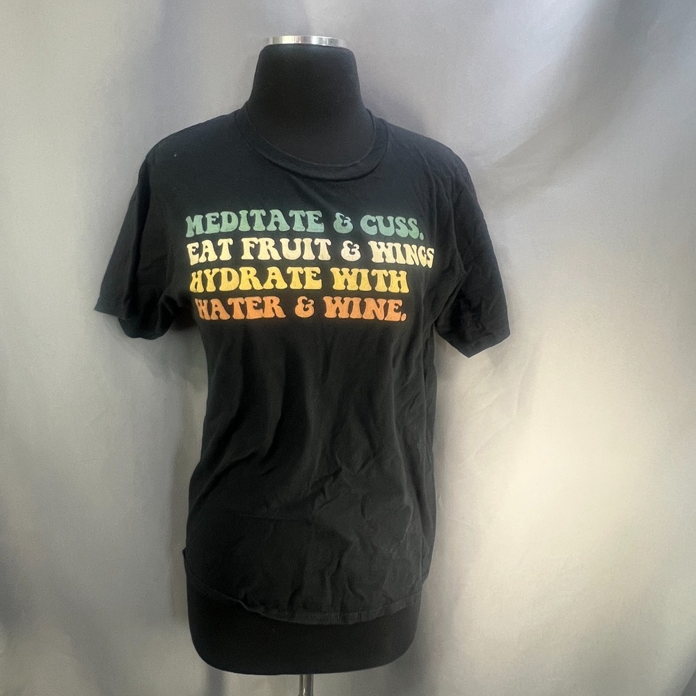 Port & Company T Shirt Womens Small Black Meditate & Cuss Eat Fruit & Wings Logo